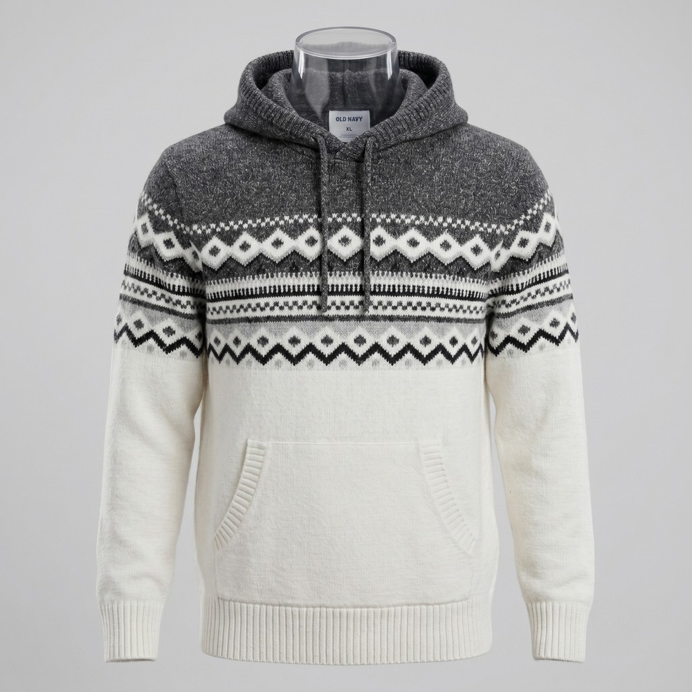 Old Navy Men M White Hoodie Sweater Fair Isle Knit Cotton Blend Geometric 222